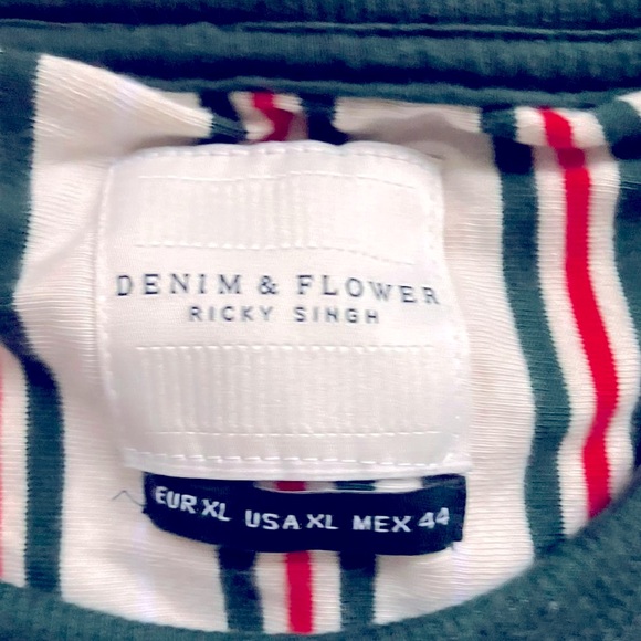 Denim&Flower Men Crew Neck Short Sleeve Stripe T-shirt, Beige and Green and Red - Picture 5 of 6